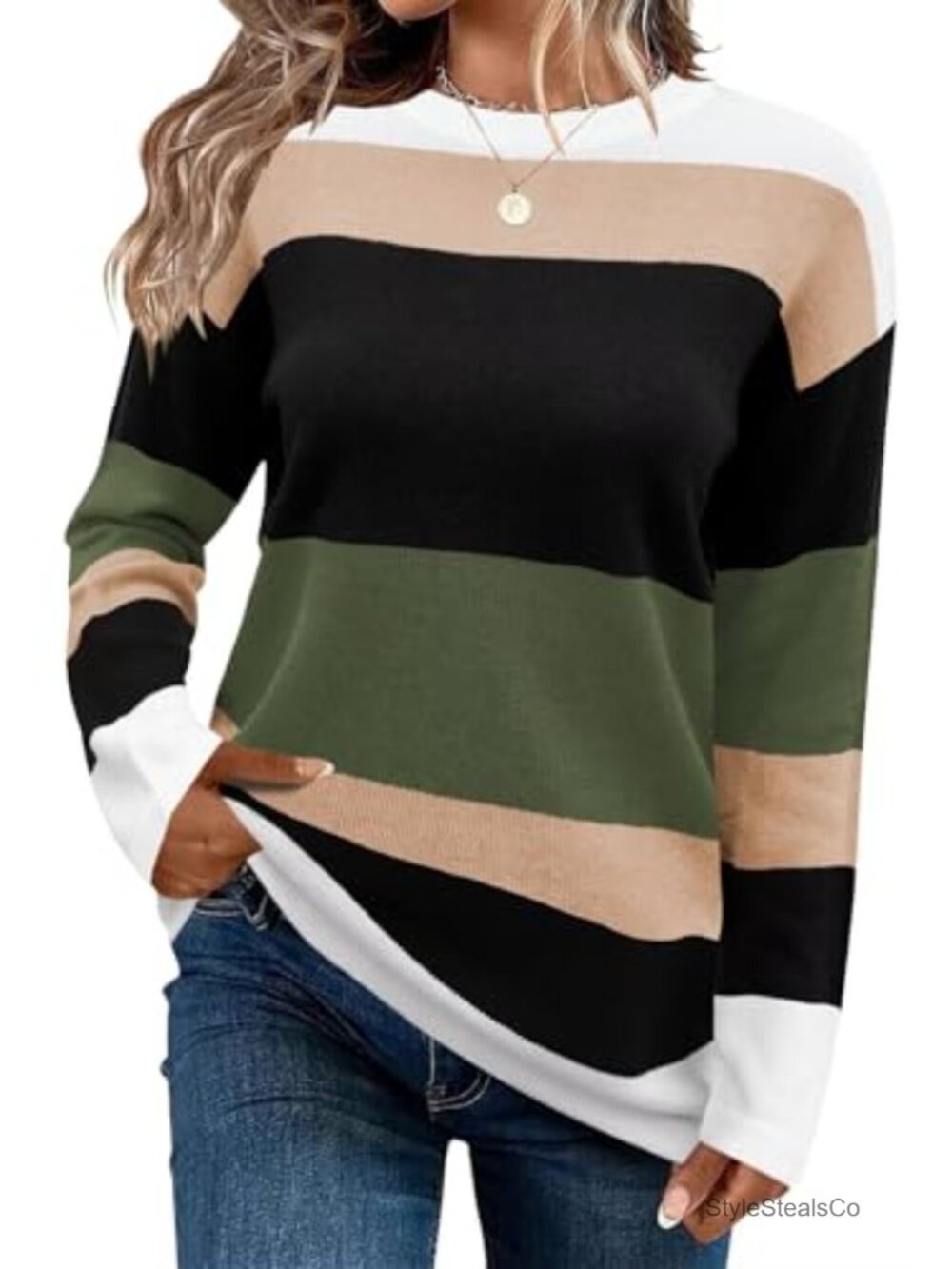 Womens Striped Knit Sweater Crew Neck Long Sleeve Pullover Top